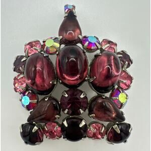 Weiss vintage silver tone pink AB rhinestones purple cabochons crown brooch